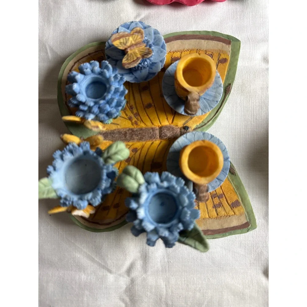 4 Miniature Floral Tea Sets Rose Daisy Butterfly Pansy Garden Decor Lot